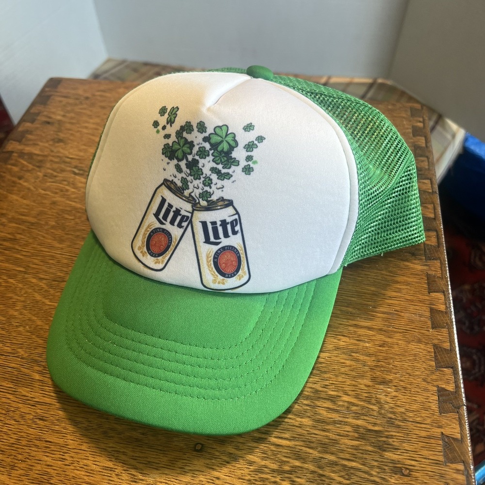 Miller Lite St. Patrick's Day Clover Trucker Hat Cap Strapback Mesh Green White